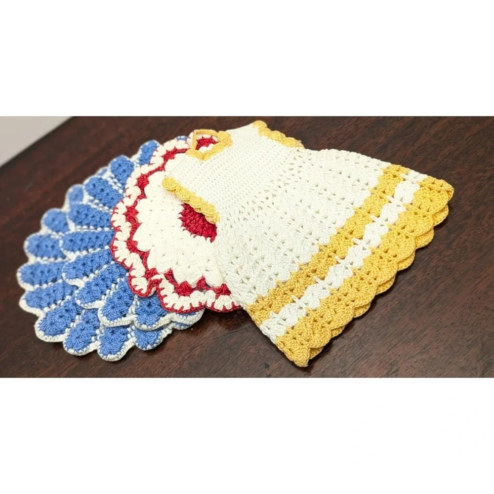 Vintage Handmade Crochet Potholders Lot of 4 Dress Flower Blue Red Yellow Retro